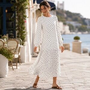 FEHAUTE White Black Polka Dot Pleated Maxi Dress Balloon Sleeve A-Line Sz 10 NWT